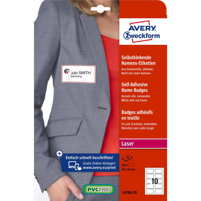 Identyfikator do zadruku samoprzylepny 80x50mm biały ramka czerwona L4786-20 AVERY ZWECKFORM