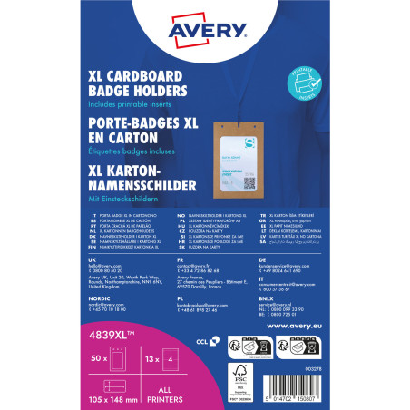 Holder na identyfikatory A6 tekturowe 105x148mm (50 sztuk+52 wkłady) 4839XL AVERY