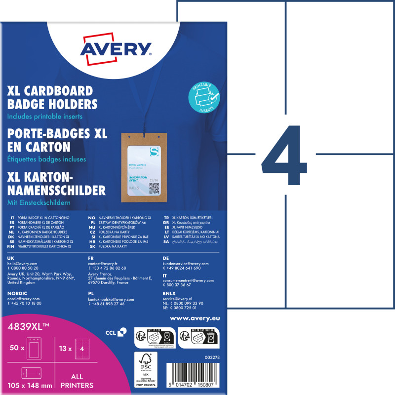 Holder na identyfikatory A6 tekturowe 105x148mm (50 sztuk+52 wkłady) 4839XL AVERY