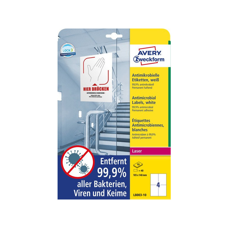 Folia samoprzylepna biała 105x148mm z powierzchnią antydrobnoustrojową L8003-10 AVERY ZWECKFORM