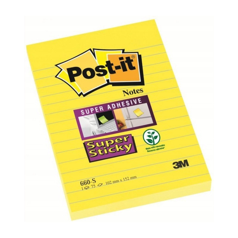 Bloczek samoprzylepny 102x152mm 75k żółty linia POST-IT 660-S Super Sticky FT510093832 3M