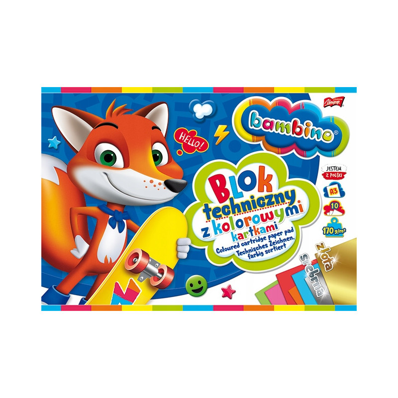Blok techniczny szkolny A3 kolorowy + złota i srebrna kartka 10 kartek 170g BAMBINO