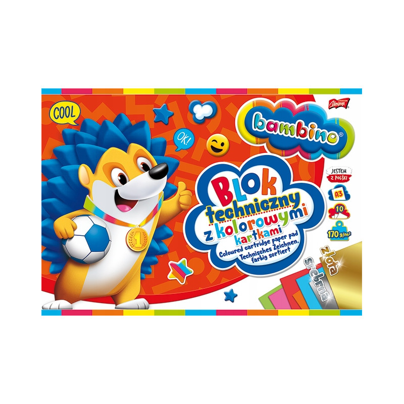 Blok techniczny szkolny A3 kolorowy + złota i srebrna kartka 10 kartek 170g BAMBINO