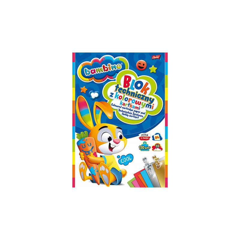 Blok techniczny szkolny A4 kolorowy + złota i srebrna kratka 10 kartek 170g BAMBINO