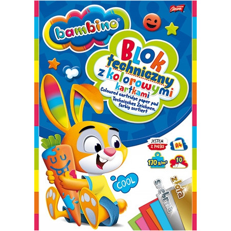 Blok techniczny szkolny A4 kolorowy + złota i srebrna kratka 10 kartek 170g BAMBINO