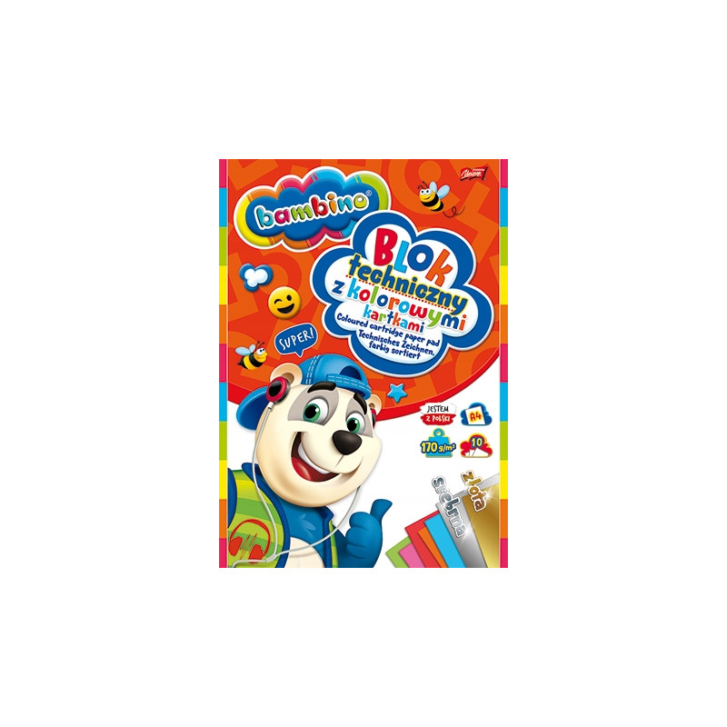 Blok techniczny szkolny A4 kolorowy + złota i srebrna kratka 10 kartek 170g BAMBINO