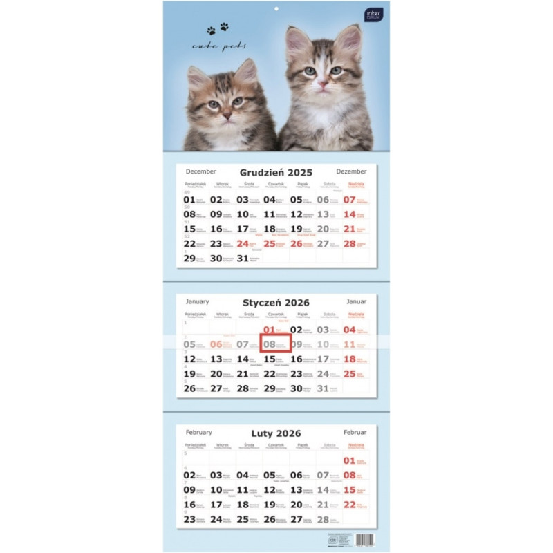 Kalendarz trójdzielny 2026 82,5x34cm Koty INTERDRUK