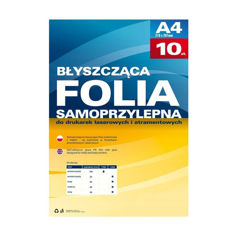 Folia samoprzylepna do drukarek atramentowych przezroczysta błysk (10ark.) 434020 ARGO