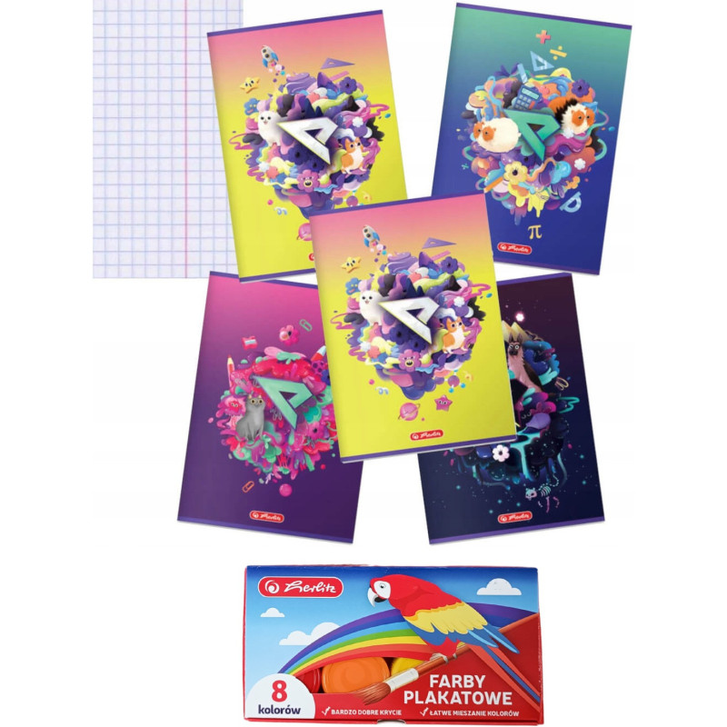 Zestaw Zeszyt A5 60k kratka 70g EKIPA (5 sztuk) + Farby plakatowe 8 kolorów HERLITZ