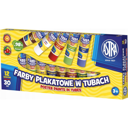 Farby plakatowe w tubkach szkolne 12 kolorów 30ml 83110901 ASTRA