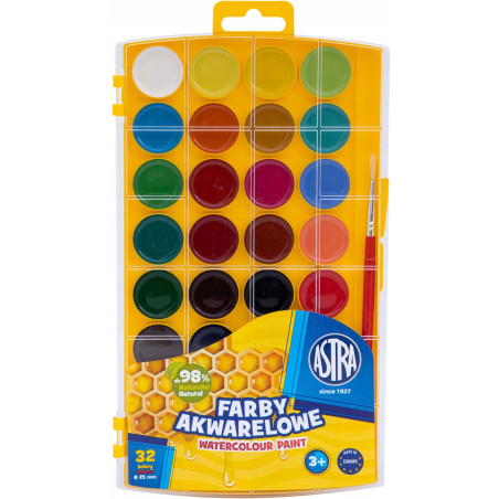 Farby akwarelowe szkolne zestaw 32 kolory + pędzelek 302023002 ASTRA