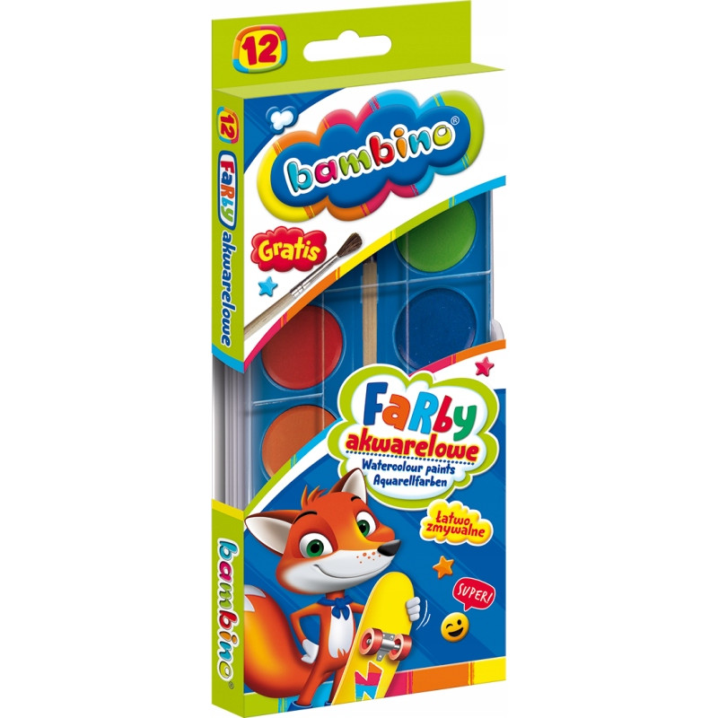 Farby akwarelowe szkolne Zestaw 12 kolorów + pędzelek BAMBINO St.Majewski