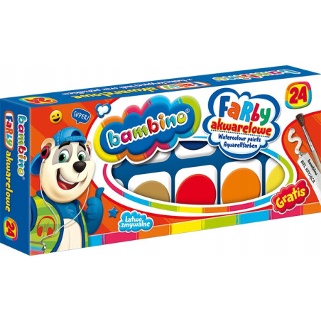 Farby akwarelowe szkolne Zestaw 24 kolory + pędzelek BAMBINO St.Majewski