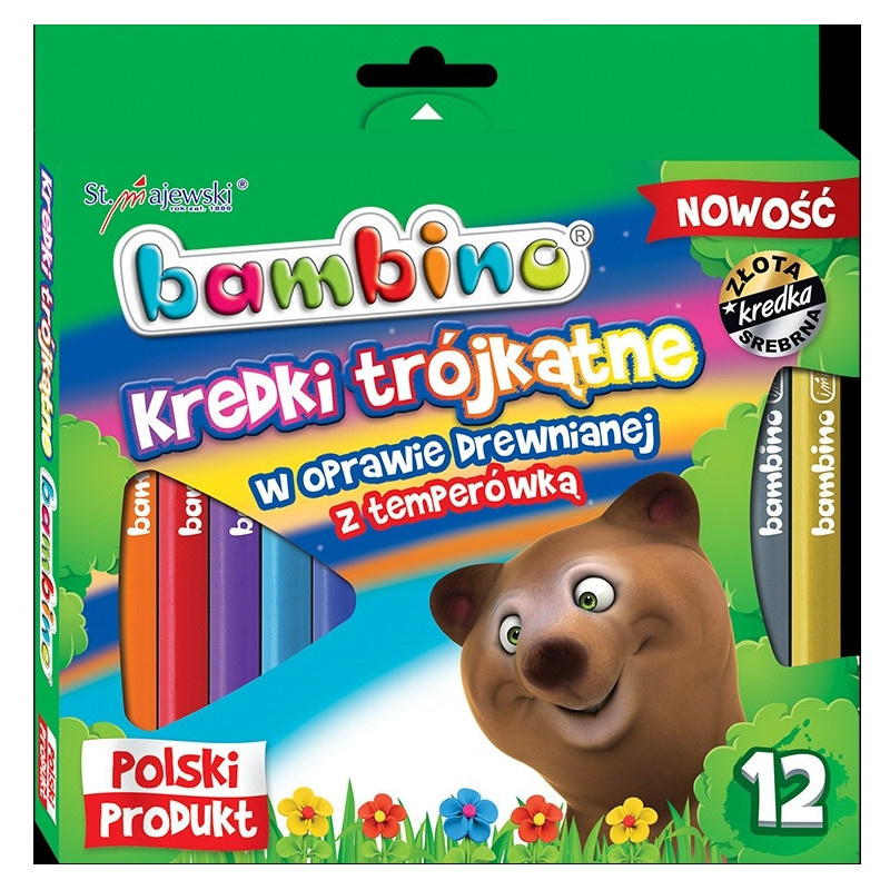 Kredki trójkątne z glinki kaolinowej Zestaw 12 kredek + temperówka BAMBINO St.Majewski