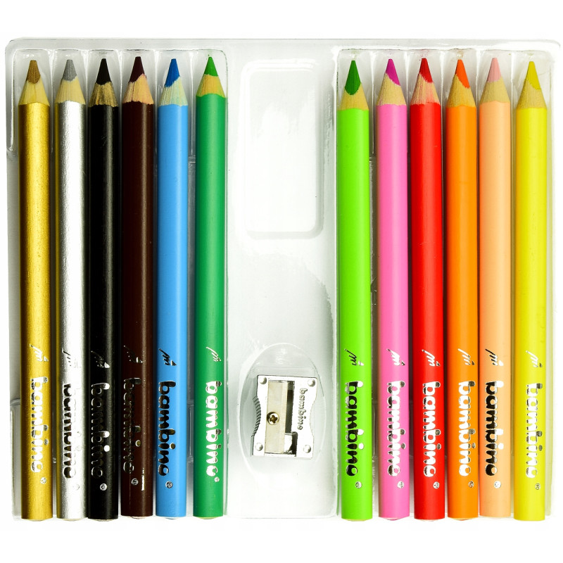 Kredki trójkątne z glinki kaolinowej Zestaw 12 kredek + temperówka BAMBINO St.Majewski