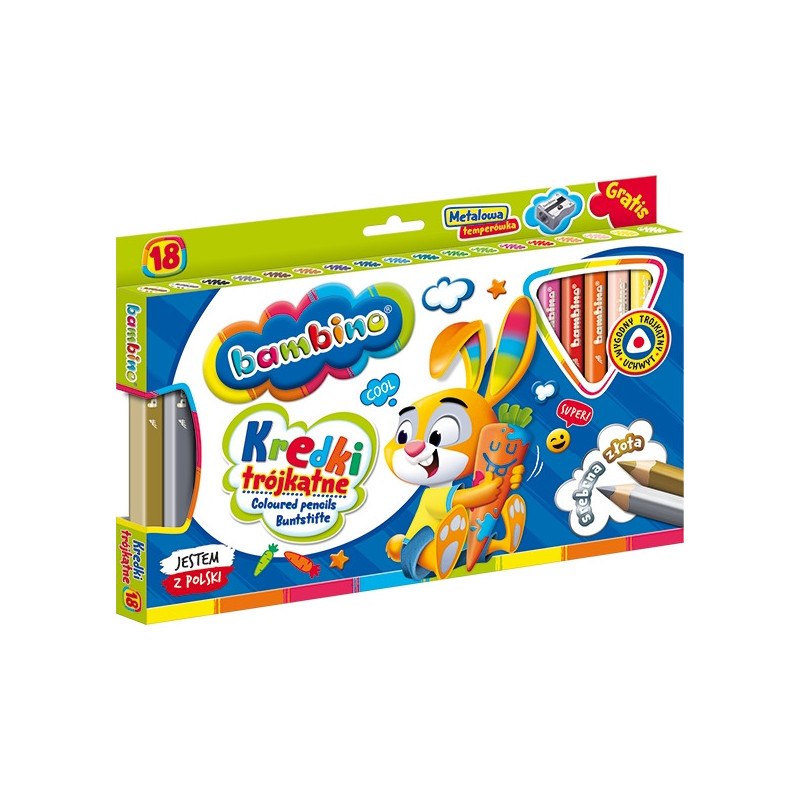 Kredki trójkątne z glinki kaolinowej Zestaw 18 kredek + temperówka BAMBINO St.Majewski