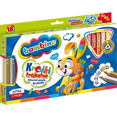 Kredki trójkątne z glinki kaolinowej Zestaw 18 kredek + temperówka BAMBINO St.Majewski