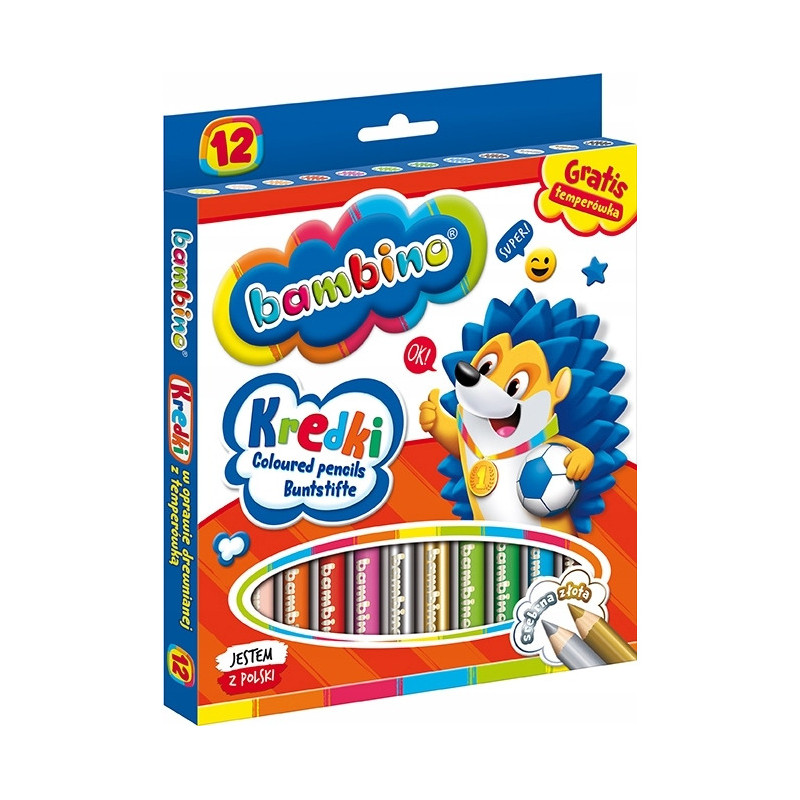 Kredki dla dzieci z glinki kaolinowej Zestaw 12 kredek + temperówka BAMBINO St.Majewski
