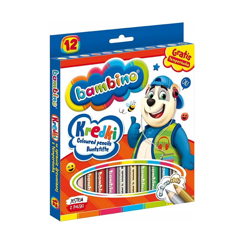 Kredki dla dzieci z glinki kaolinowej Zestaw 12 kredek + temperówka BAMBINO St.Majewski