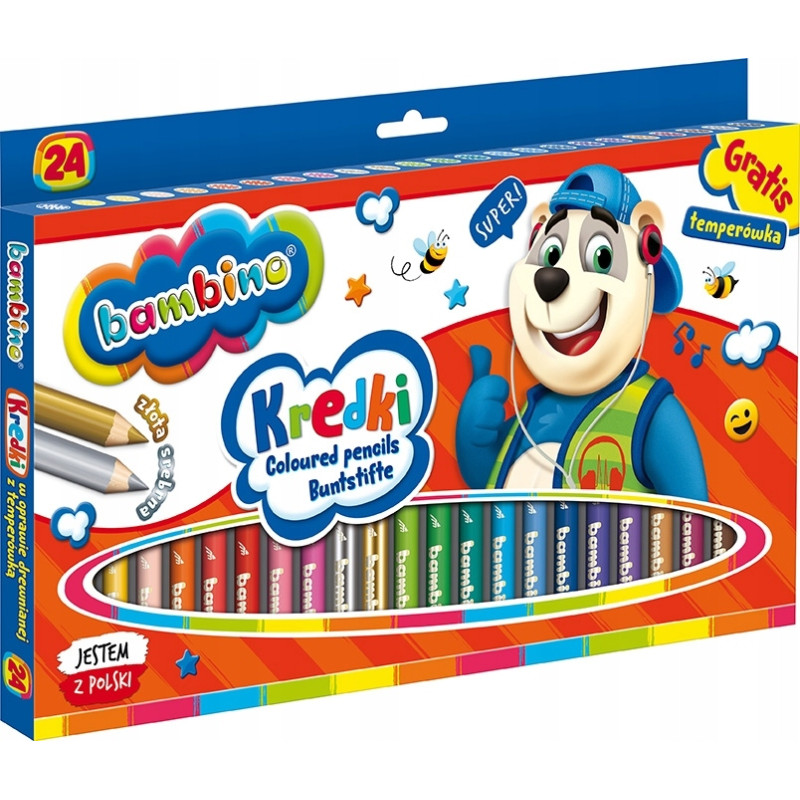Kredki dla dzieci z glinki kaolinowej Zestaw 24 kredek + temperówka BAMBINO St.Majewski