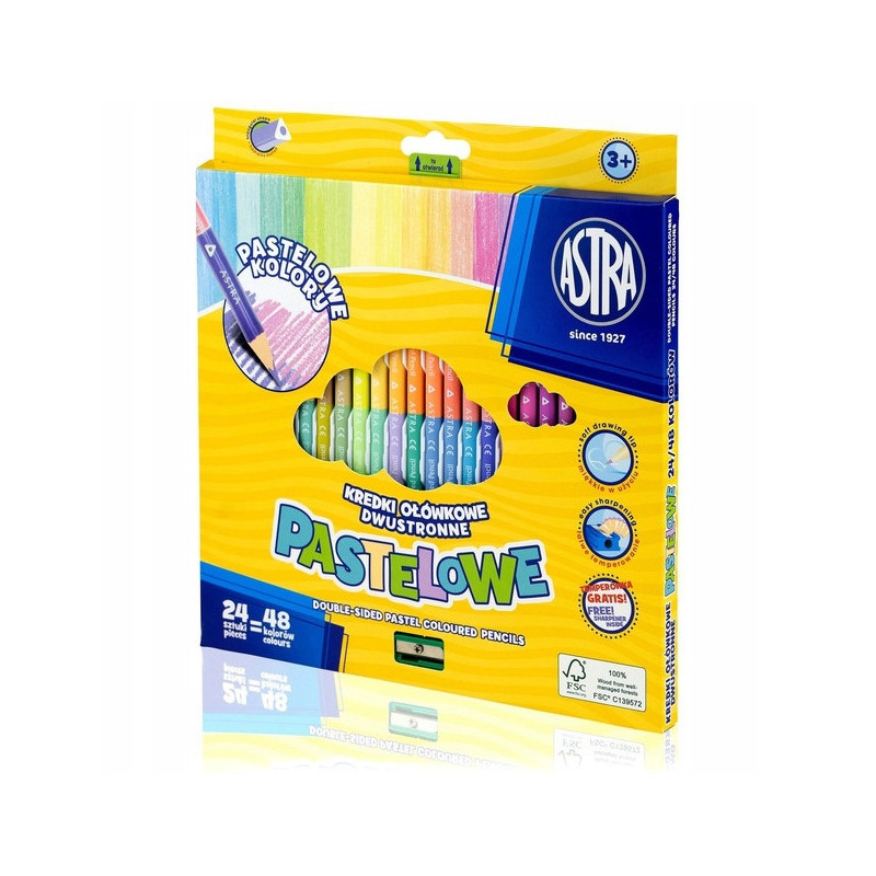 Kredki ołówkowe pastelowe dwustronne 24 kredek 48 kolory kolorów z temperówką 312120005 ASTRA