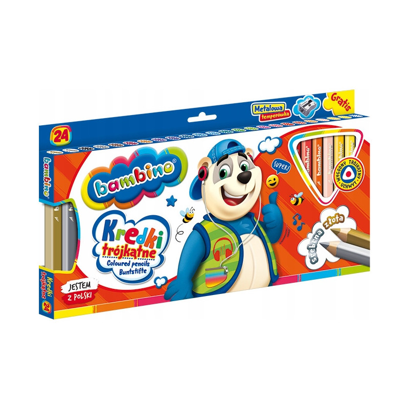 Kredki trójkątne z glinki kaolinowej Zestaw 24 kredek + temperówka BAMBINO St.Majewski