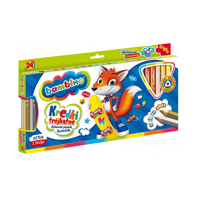 Kredki trójkątne z glinki kaolinowej Zestaw 24 kredek + temperówka BAMBINO St.Majewski