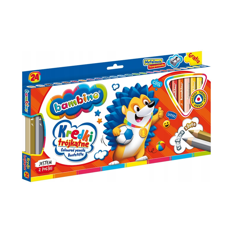 Kredki trójkątne z glinki kaolinowej Zestaw 24 kredek + temperówka BAMBINO St.Majewski