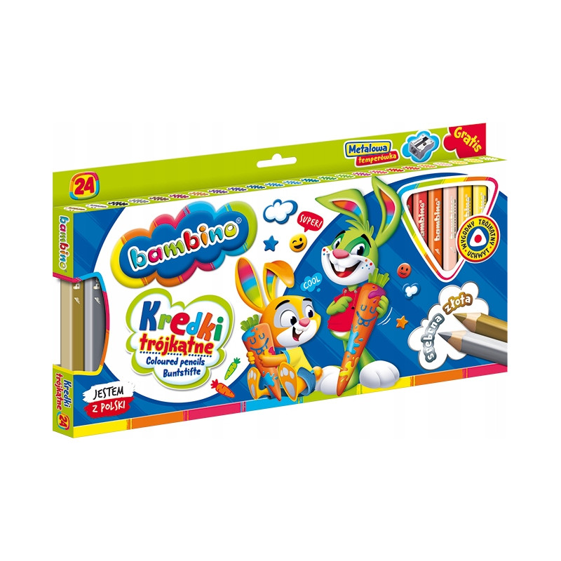 Kredki trójkątne z glinki kaolinowej Zestaw 24 kredek + temperówka BAMBINO St.Majewski