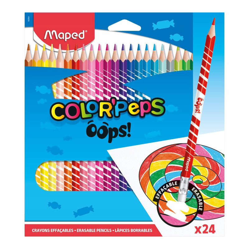 Kredki trójkątne ścieralne z gumką 24 kolory OOPS 832824 COLORPEPS MAPED