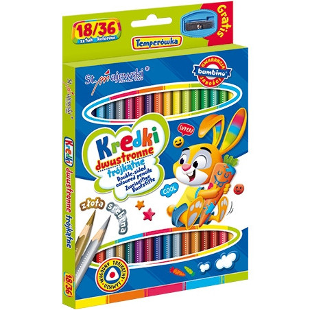 Kredki ołówkowe trójkątne dwustronne Zestaw 18 kredek 36 kolorów + temperówka BAMBINO St.Majewski