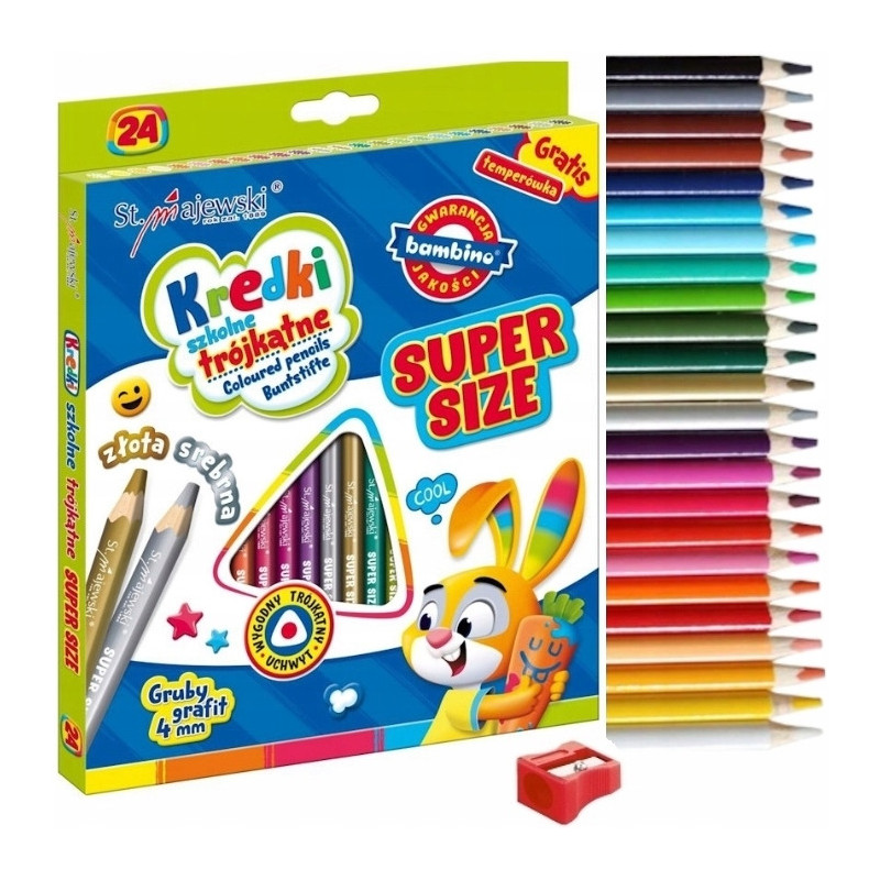 Kredki szkolne trójkątne grube Super Size Zestaw 24 kredek + temperówka BAMBINO St.Majewski