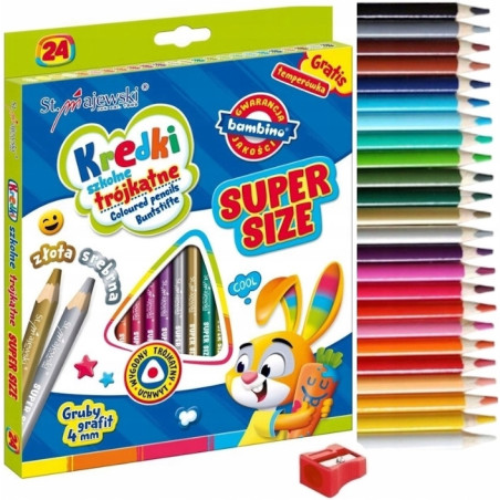 Kredki szkolne trójkątne grube Super Size Zestaw 24 kredek + temperówka BAMBINO St.Majewski