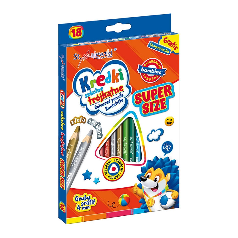Kredki szkolne trójkątne grube Super Size Zestaw 18 kredek + temperówka BAMBINO St.Majewski