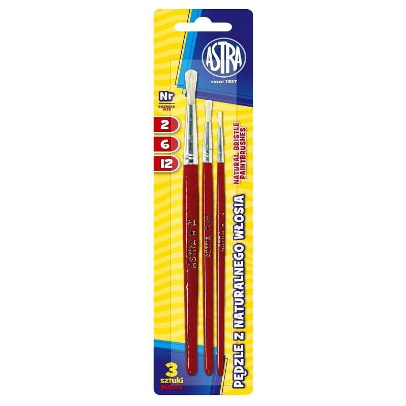 Pędzelki szkolne zestaw 3 sztuki rozmiar nr. 2,6,12 315111001 ASTRA