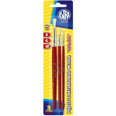 Pędzelki szkolne zestaw 3 sztuki rozmiar nr. 2,6,12 315111001 ASTRA