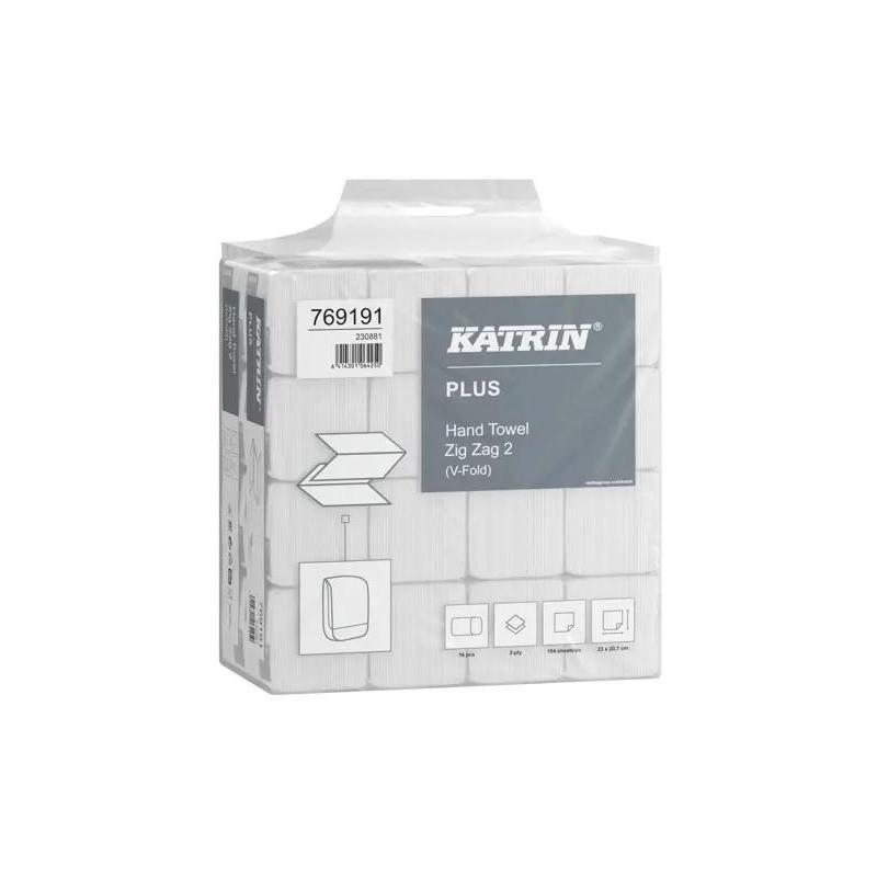Ręcznik ZZ V-FOLD KATRIN Plus biały 207x230mm 2 warstwy celuloza (16x1903040 listków) 769191