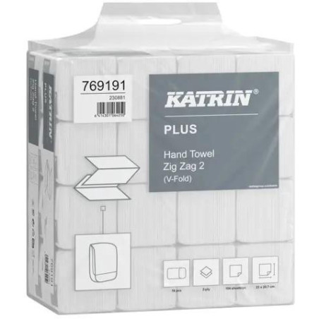 Ręcznik ZZ V-FOLD KATRIN Plus biały 207x230mm 2 warstwy celuloza (16x1903040 listków) 769191