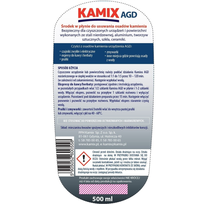 Preparat do usuwania kamienia KAMIX AGD odkamieniacz w płynie 500ml