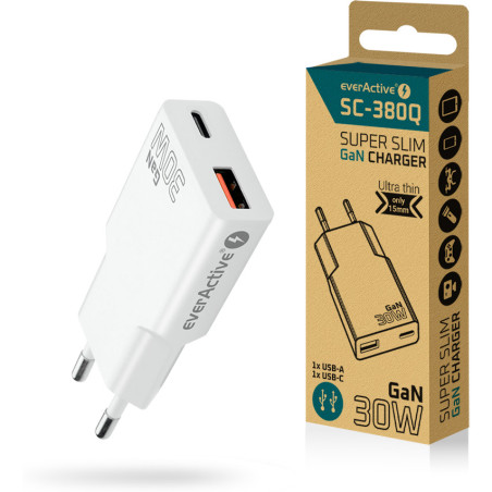 Ładowarka sieciowa 230V EVERACTIVE SC-380Q 1xUSB-A 1xUSB-C 30W biała