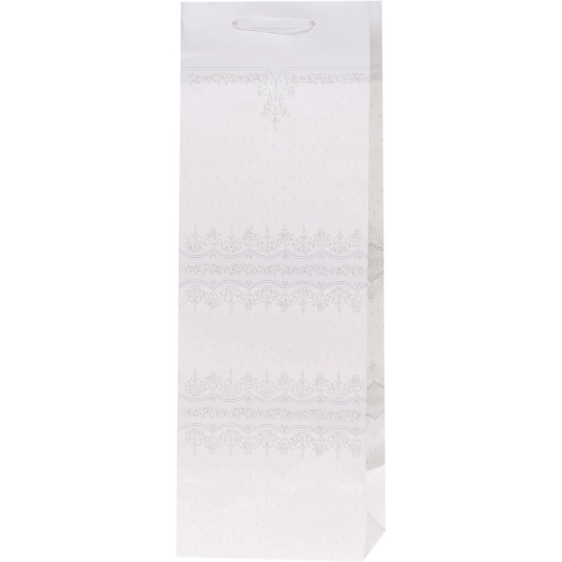 Torebka prezentowa 12x36x10cm na butelkę Lux Biała z brokatem BB ROZETTE