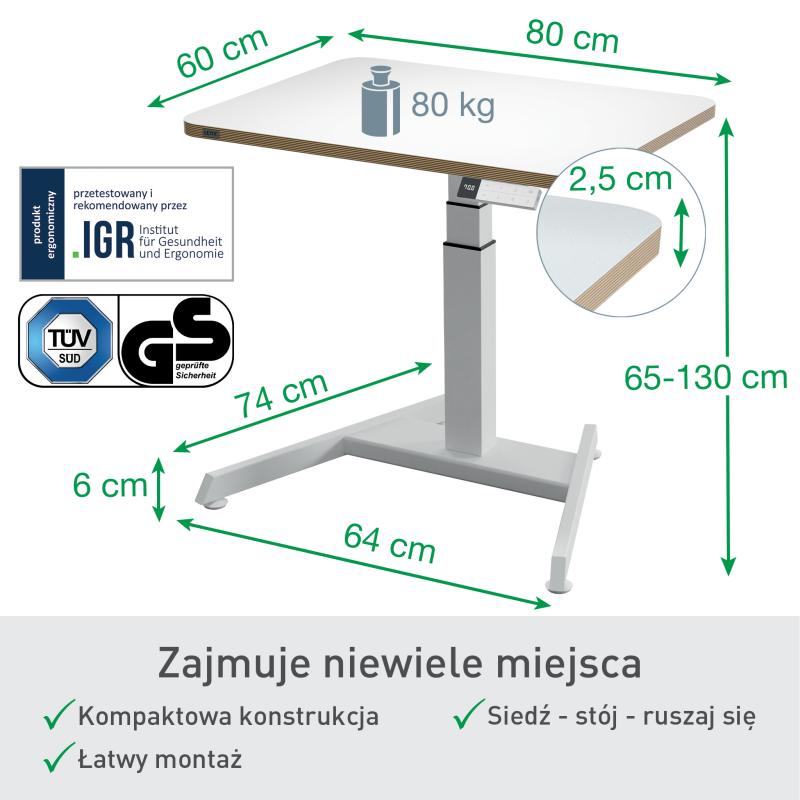Biurko Leitz Ergo białe do pracy w pozycji siedzącej i stojącej obsługiwane elektronicznie 65340001
