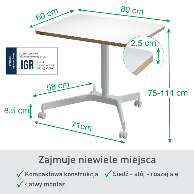 Biurko Leitz Ergo białe do pracy w pozycji siedzącej i stojącej 65360001