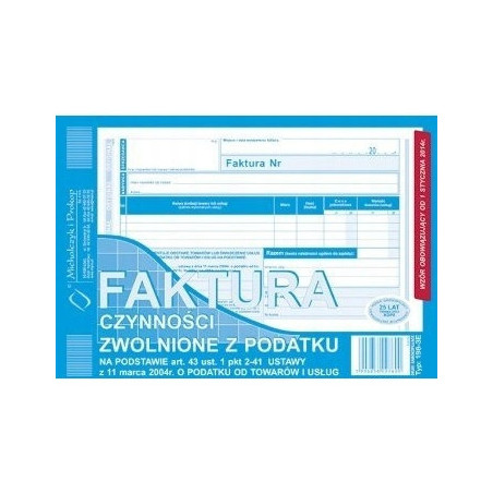 198-3E Faktura czynności zwolnione z podatku A5 (o+1k)Michalczyk i Prokop