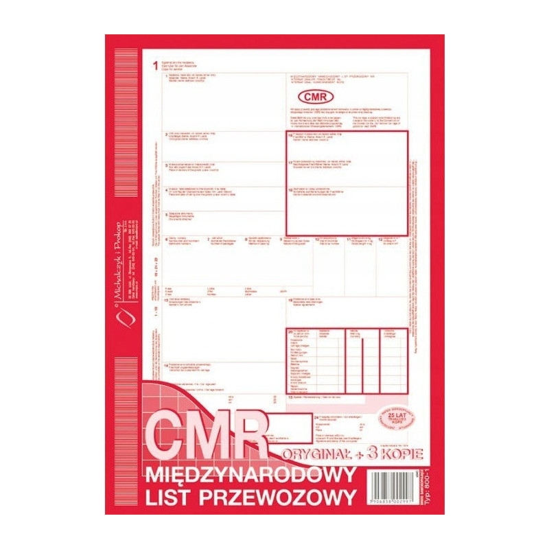 800-1N CMR A4 80kartek 1+3 numerowany międzynarodowy list przewozowy M&P
