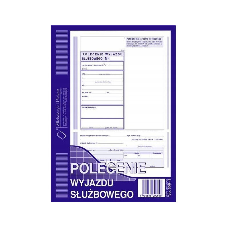 505-3 Polecenie wyjazdu służbowego A5 40kartek Michalczyk i Prokop