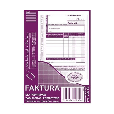 205-5E Faktura dla podatników zwolnionych z VAT A6 (o+1k) MICHALCZYK