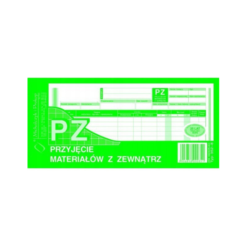 352-8 PZ przyjęcie materiałów z zewnątrz 1/3A4 80 kartek MICHALCZYK