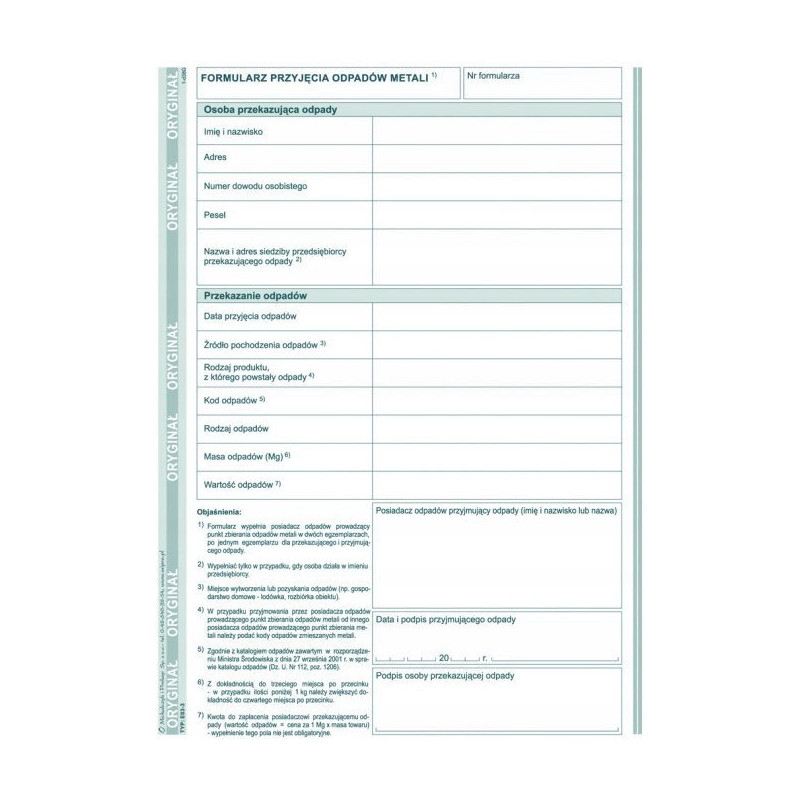 E-03-3 Formularz przyjęcia odpadów metali MICHALCZYK&PROKOP A5 80 kartek