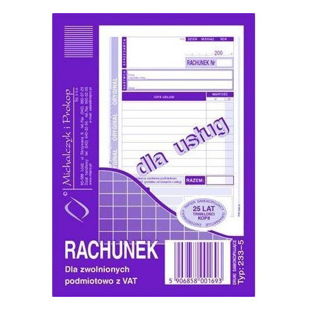 233-5 Rachunek A6 dla zwolnionych podmiotowo z VAT(usługa) Michalczyk i Prokop